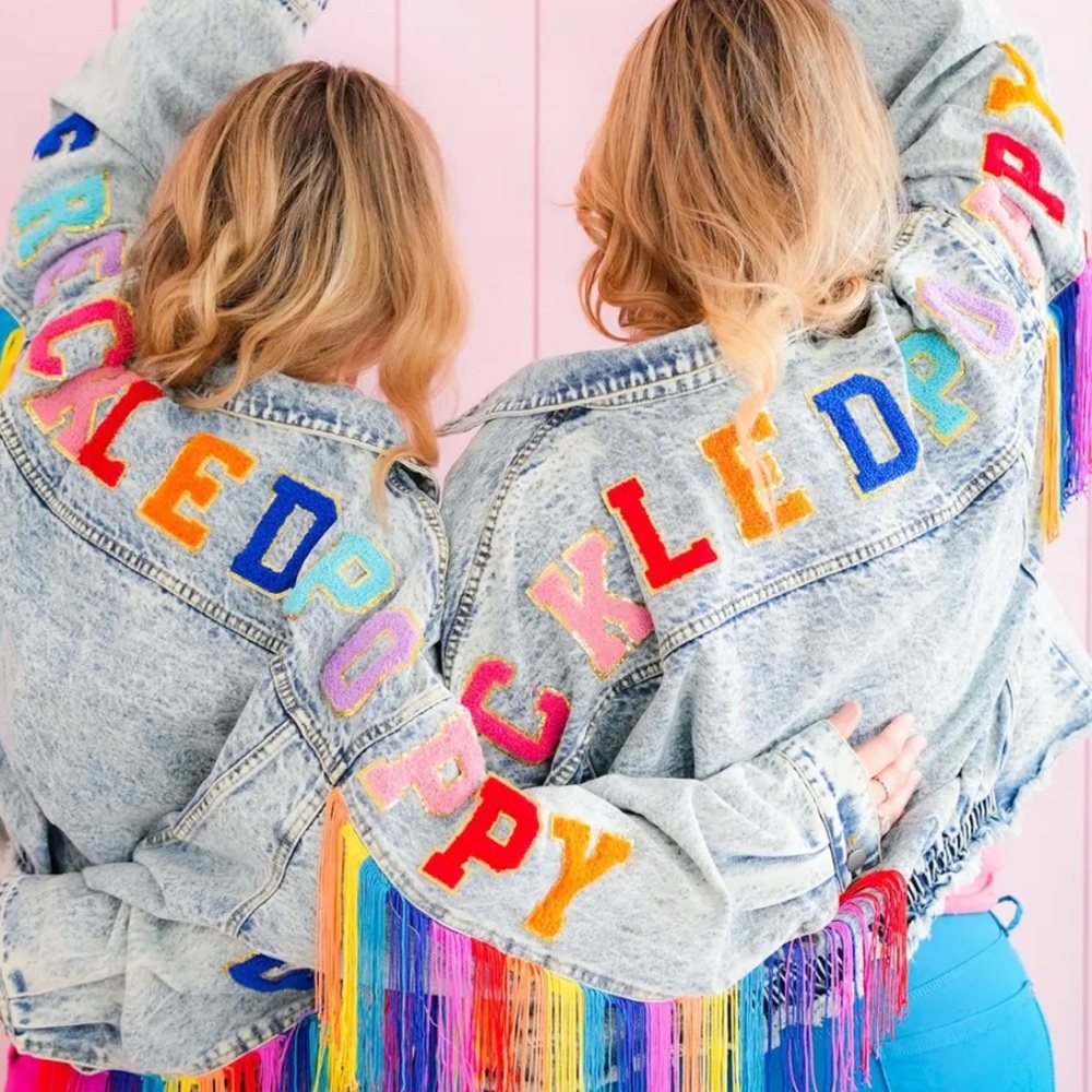 Stonewash denim jacket rainbow fringe BiBi Freckled Poppy XL pride cowgirl NWT